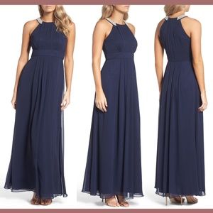 NWT Eliza J Embellished Chiffon Gown Navy Blue 12